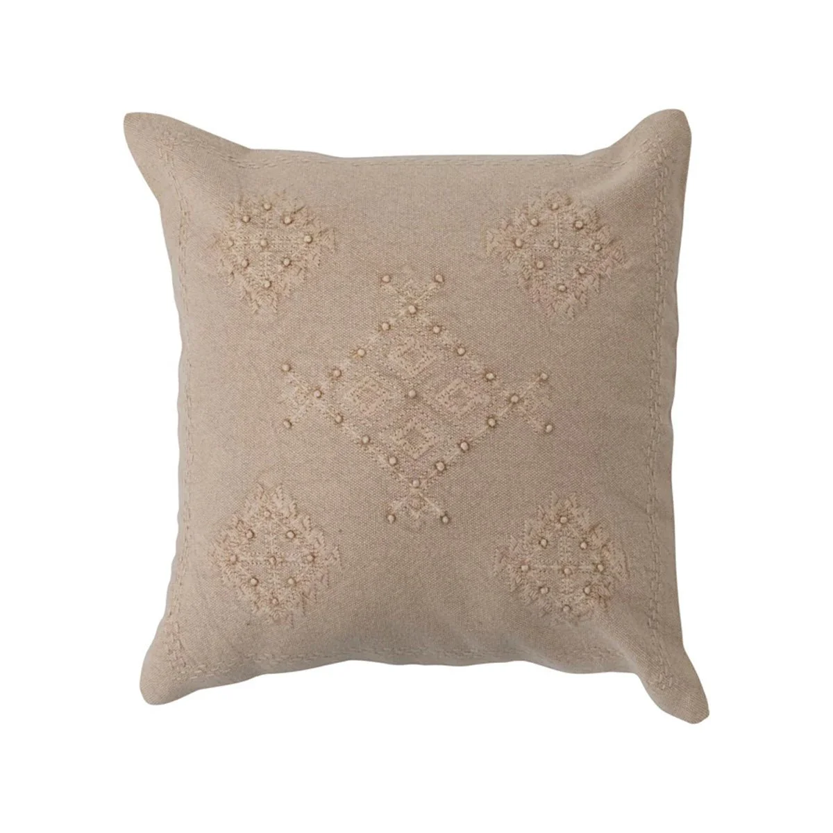 18" Woven Cotton Pillow w/ Embroidery & French Knots, White
