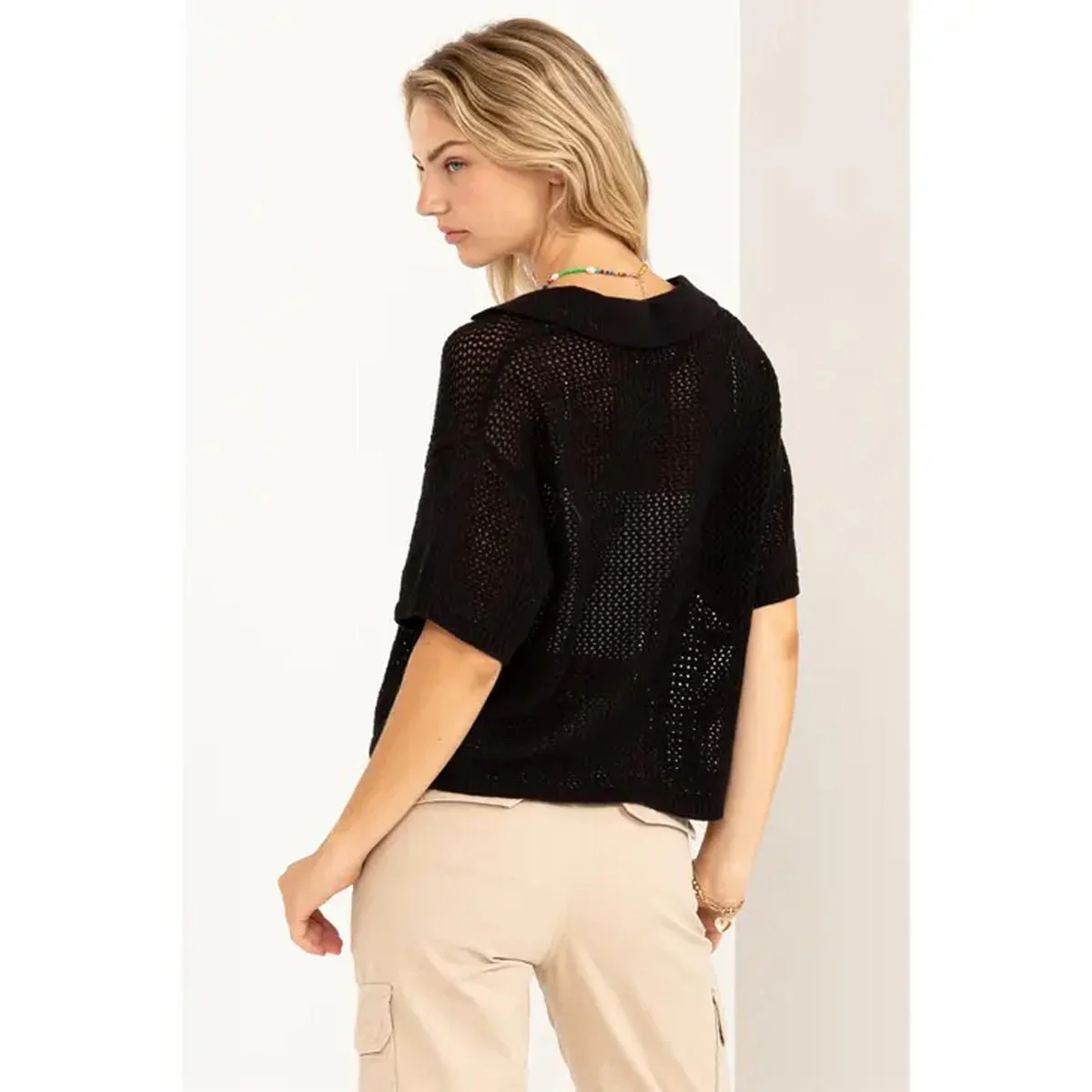 Fast Paced Knit Collared Top in Black - Image 2