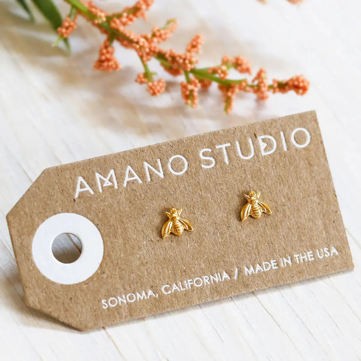 Gold Amano Studs - Tiny Bee Studs - Image 2