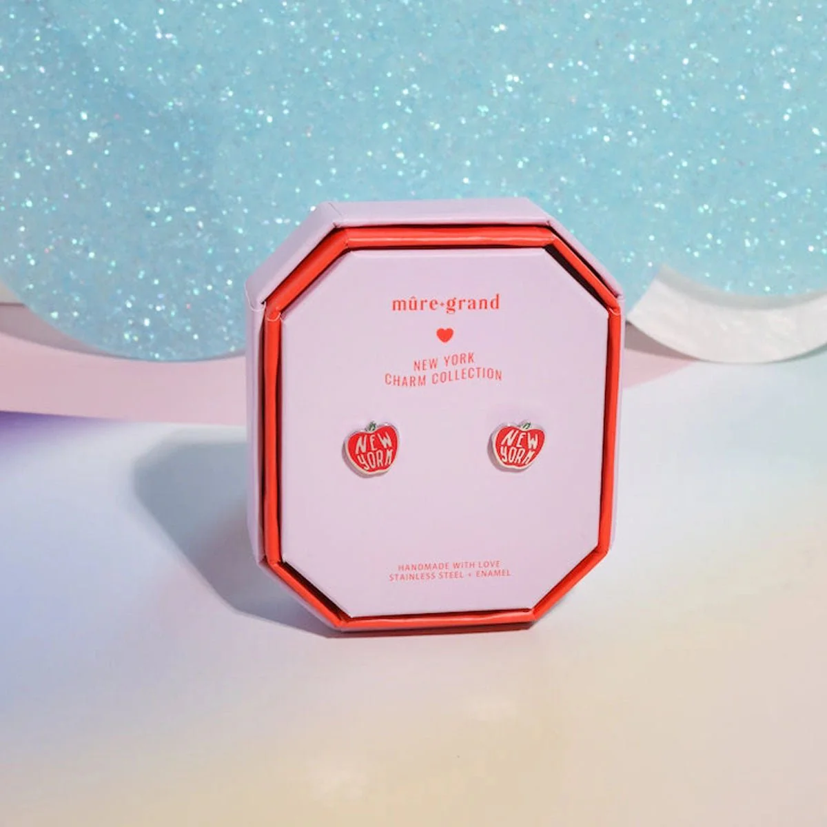 New York Apple Enamel Charm Stud Earrings - Gold
