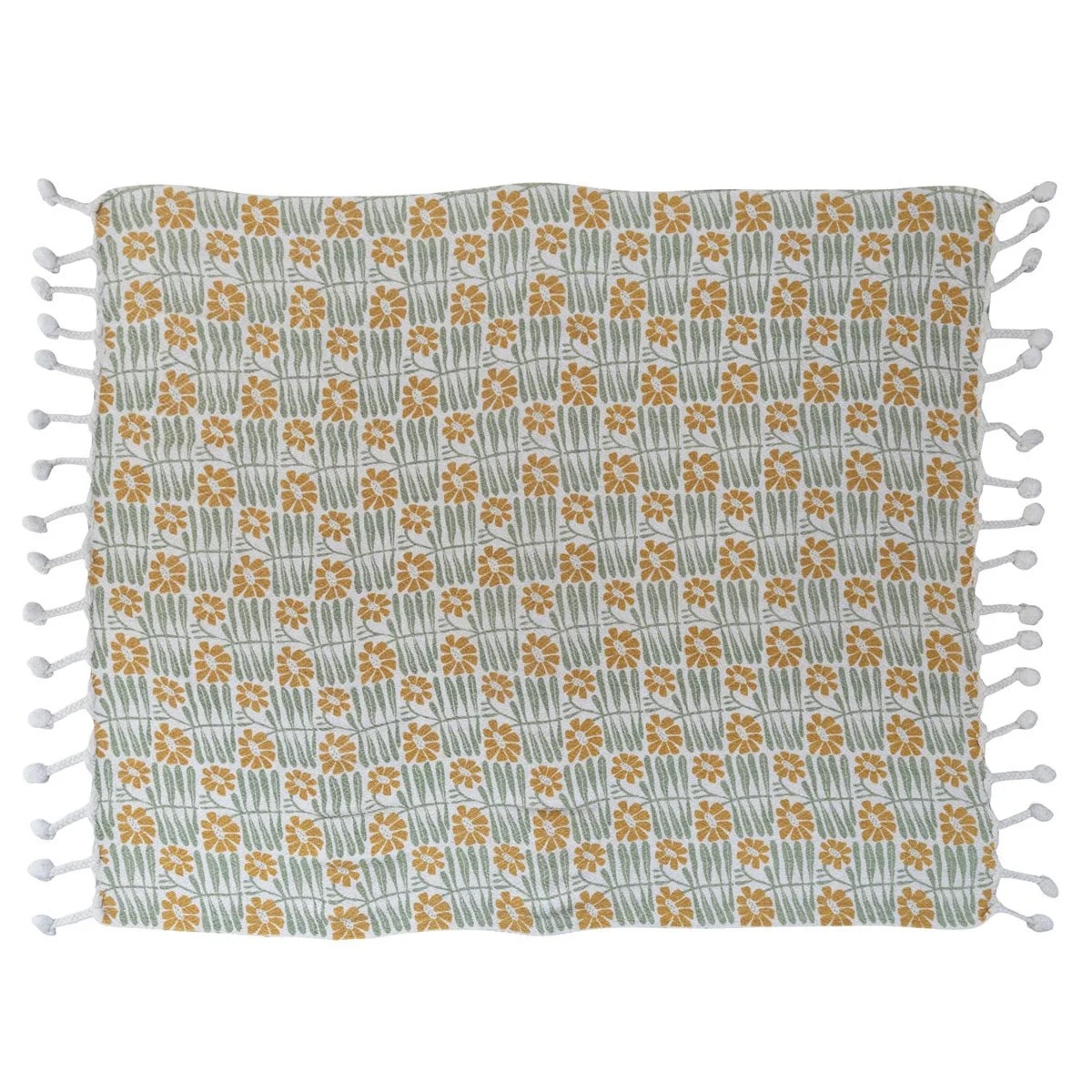 Woven Recycled Cotton Blend Printed Throw w/ Flowers & Braided Pom Pom Tassels - Image 2